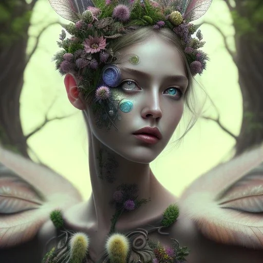 Portrait of beautiful girl, plant, metal, feathers, Dryad, fae, sidhe, ominous, nature, plants, wildflower, facepaint, dnd character portrait, intricate, oil on canvas, masterpiece, expert, insanely detailed, 4k resolution, retroanime style, cute big circular reflective eyes, cinematic smooth, intricate detail , soft smooth lighting, soft pastel colors, painted Renaissance style,bokeh, 800mm lens