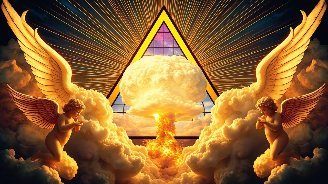 a nuclear explosion cloud(middle) framed from behind by a triangle of stained glass surrounded by radiant lines from the center, the wind and smoke from the explosion forming shapes of attractive dancing women and cherubs with small angel wings(left and right foreground) like cherubs in the clouds, religiose art, angelic light