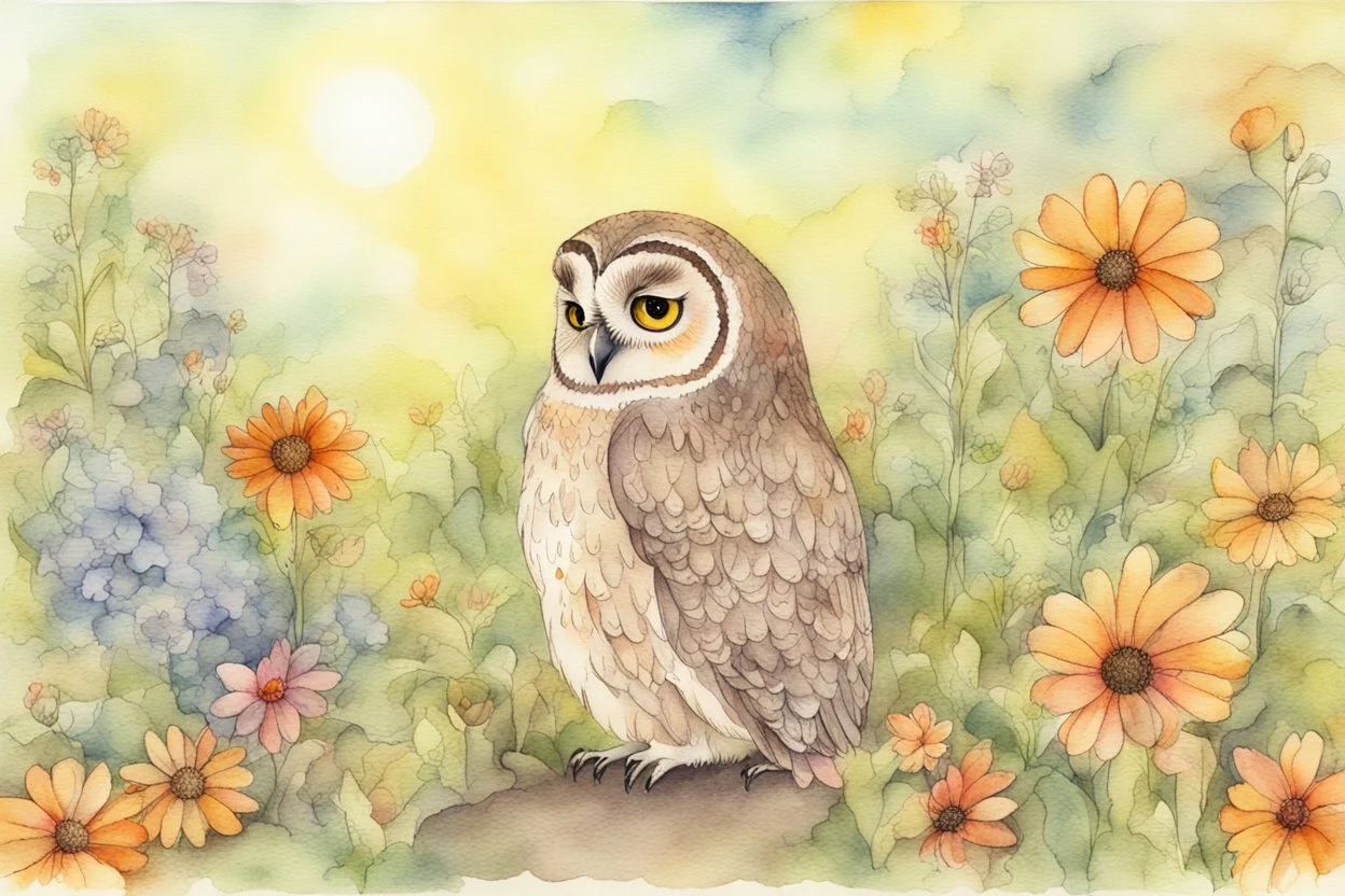 thankful praying owl girl in flowergarden in sunshine, watercolor and ink