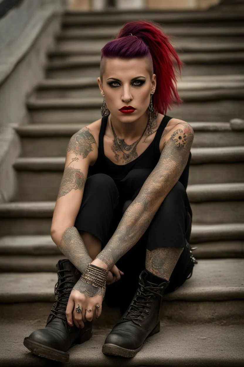 A portrait of an attractive, drunk young Italian punk girl. Photo taken on the street of Rome on Spanish stairs. Black shirt, short skirt, heavy boots, a lot of tattoos and piercings, coloured hairs, provocative pose, taken by Canon 5 and boke lens