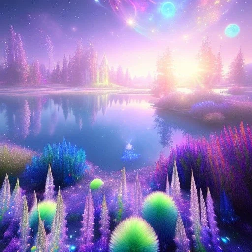 one small Cosmic crystal subtle in a galactic ambiance , blue lake, delicate flowers, delicate colors, bin the foreground, full of details, smooth，soft light atmosphere, light effect，vaporwave colorful, concept art, smooth, extremely sharp, masterpiece, best quality, blue skinned, sparkling,8k, , sun light, 8K, RAW, depth of field,high contrast,