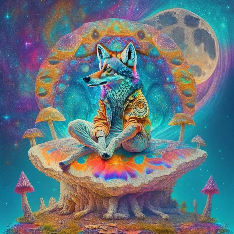 celestial psychedelic wolf made of fractals wearing a mexican jacket sitting on a giant mushroom in between stars, extatic, happy