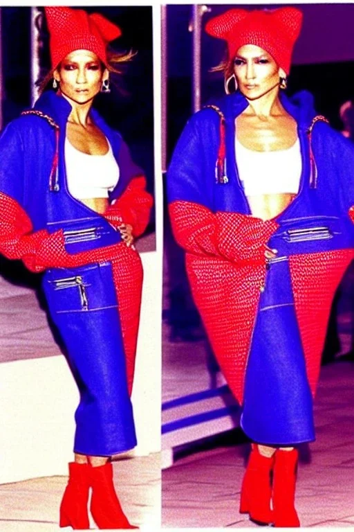 Jennifer Lopez in 1990's women street fashion with new kind of hood with tippet horizontal zipper reveals belly. Karjala. Carelian dress. Light dress with integrated bags of recycled denim straight, Pike fish print with huge vulgarism that continues downwards too! . Style: Haute couture. High sewing or high dressmaking, exclusive designer creations, Label Ensemble. Off-the-rack. Hemline. In vogue. Fashion-forward bohemian.