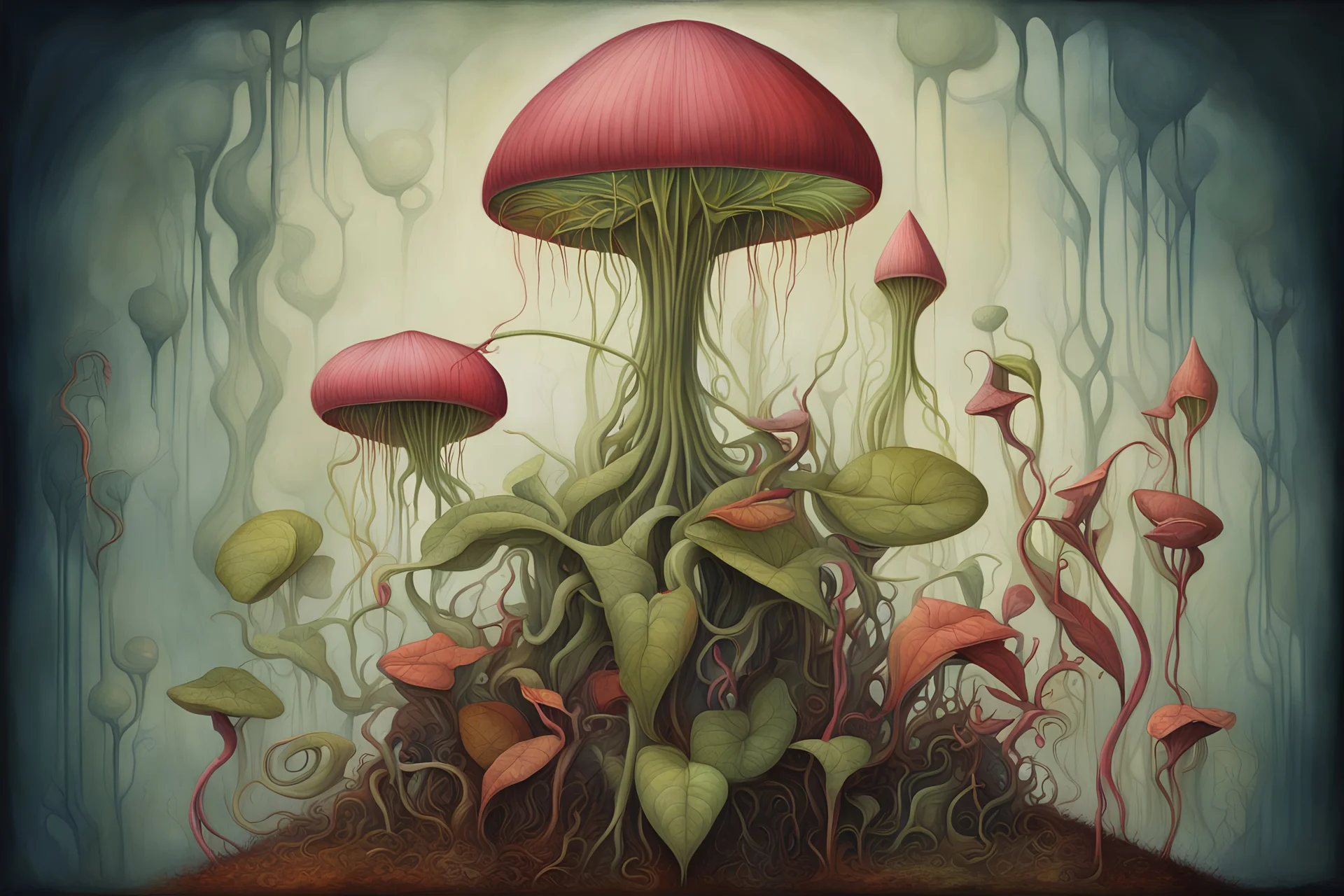Audrey,the carnivorous horror plant intricate oil on canvas dynamic lighting ultra detailed colourful very cute matte background Gediminas Pranckevicius Hieronymus Bosch Dante Alighieri Watercolour and ink