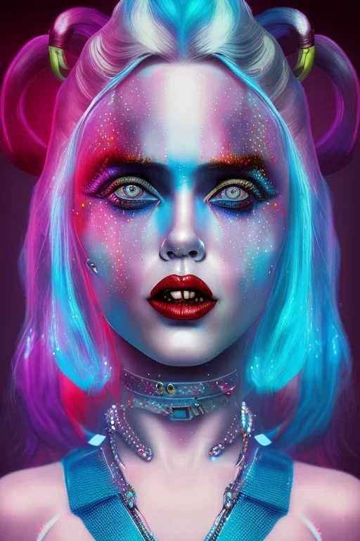 face Danish Singer MØ harley quinn cyberpunk, blue tones, high lighting