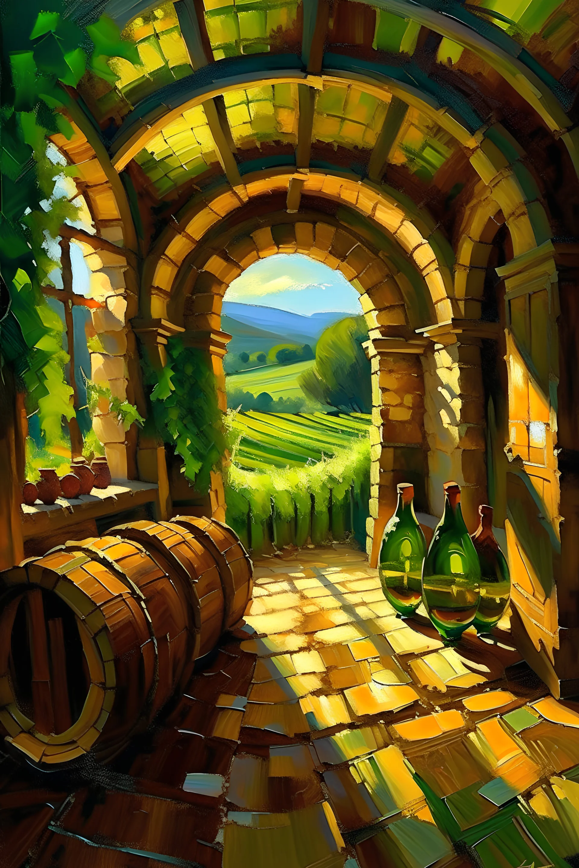 An ancient Gothic style wine cellar, vaults made of Lebanese cedar, barrels of wine, a view from the arched window of green vineyards illuminated by the rising sun. Relief abstract image of with a palette knife. Oil on canvas, palette knife, hard brushstrokes, meaning is created: by the energy of the stroke, palette knife and brush strokes, light and shadows, play of light (painting By Canaletto)