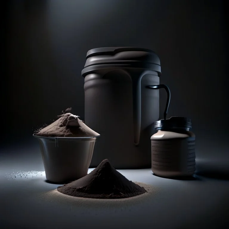 Realistic photograph of a dark studio with a shaker for protein powder, a scoop of protein powder and a protein powder bucket. High resolution.