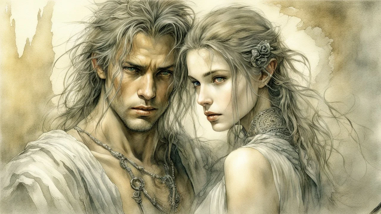 Hyper-photorealistic watercolor art style by Luis Royo, A dark cave lit only by oil lamps, a stone altar, animal skins, a young man and a girl, hyperdetailed face, full body diagonal shot, encounters male bandits in dark fantasy countryside setting, absence of mysterious elements, dramatic lighting, ultrafine detail, octane rendering., darkness world