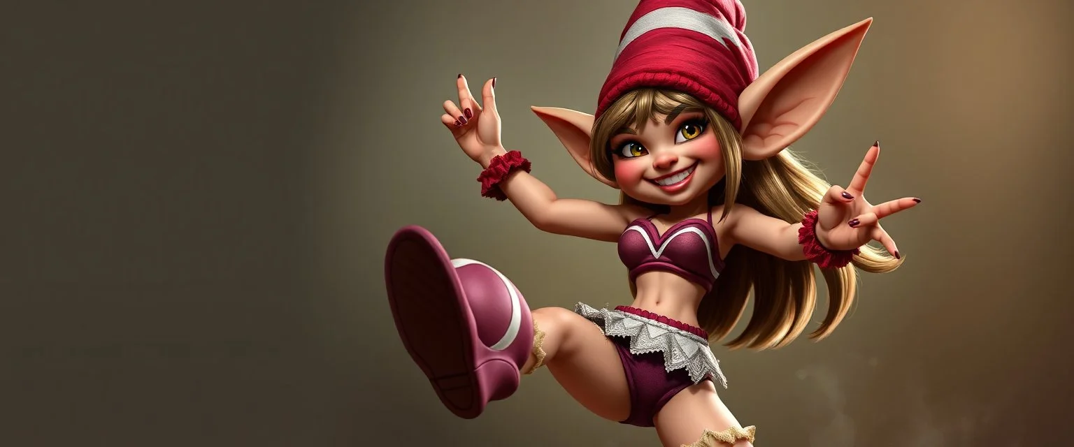 gremlin gnome cheerleader doing her thing full body portrait