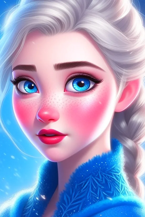 Princess Elsa is very beautiful, with a beautiful face, matching blue eyes, a slim nose, and a matching mouth. She wears a luxurious blue dress with delicate details in the snow