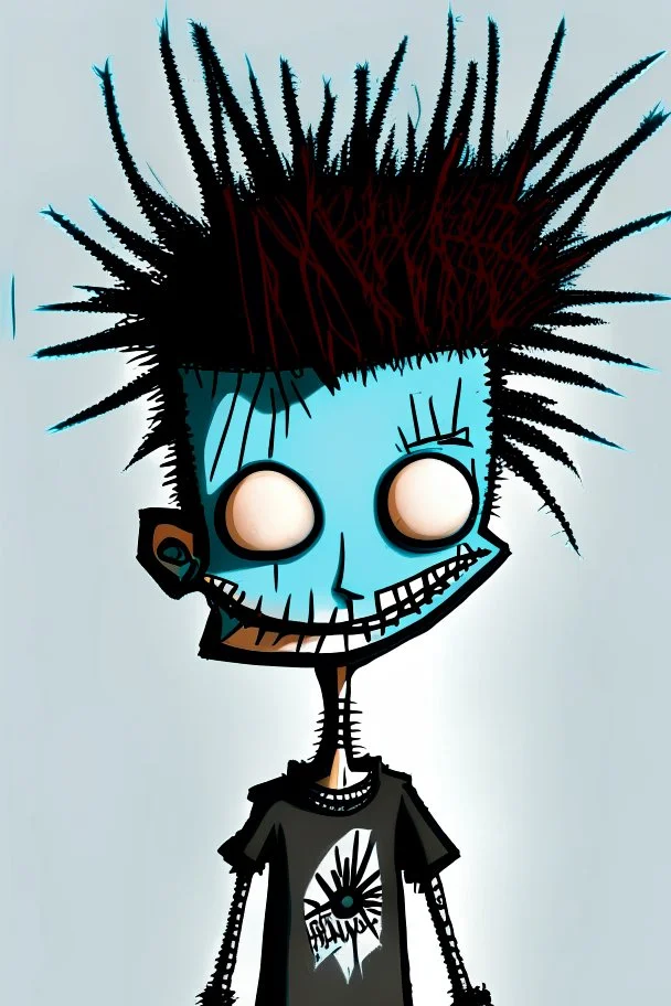 2d drawing of a stickman, cool with punk hair, x eyes like hangman, standing with back to camera, smiling,close-up ,3d realistic in colour