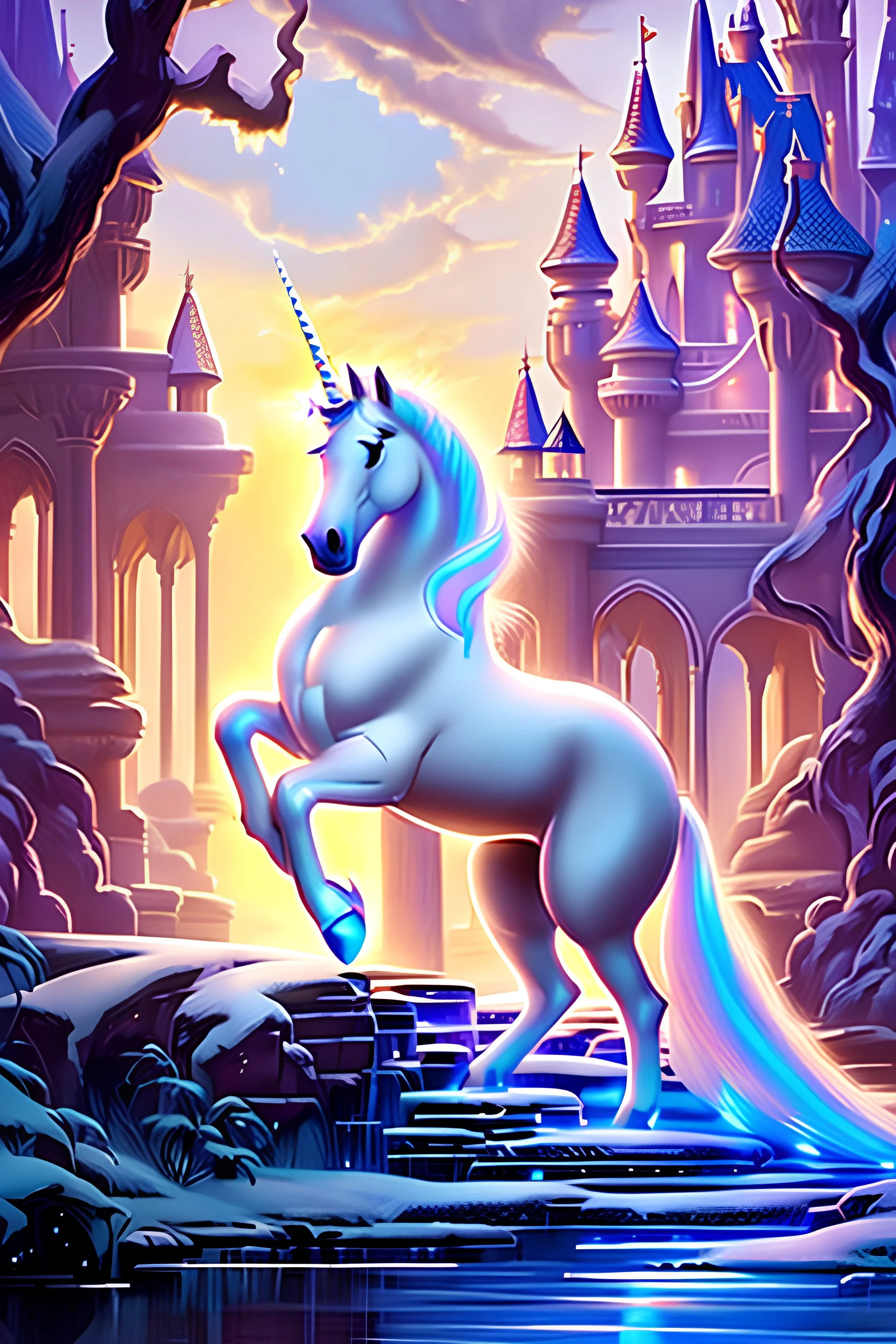 A beautiful story book image of a proud white unicorn stallion in front of a beautiful fantasy Disney palace in an enchanted magical forest by Mark Brooks and Dan Mumford, eight year old's story book art