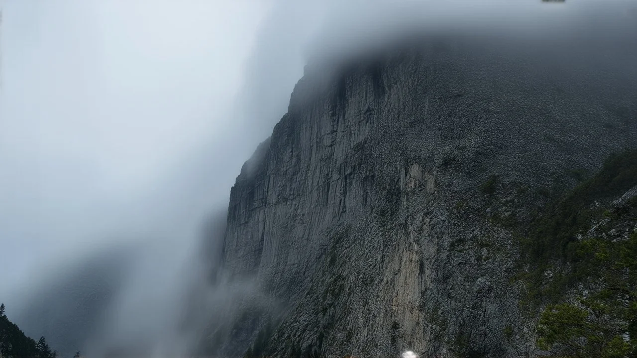 a massive sheer mountain cliff scaling vertically into the sky, partially obscured by dense clouds and mist. the borders — top, bottom, left, and right — fade smoothly into thick fog, while the center reveals the steep, rocky cliff face with fine texture and detail. atmospheric lighting, cinematic composition, natural colors, high contrast between fog and stone.