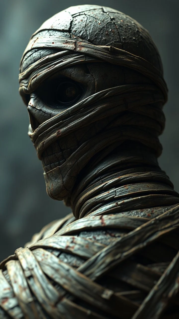 Busch painting style nightmare, a zoomed rear view of the mummy by his face skin is a rusted broken metallic skin texture in a 3d rendering full-height image of a grim and dark scene. Ensure the final images exhibit the utmost quality, encompassing 4K, 8K, and 64K resolutions, with 3D rendering that manifests in photorealistic, hyperrealistic, and highly detailed representations. Employ techniques such as HDR, UHD,