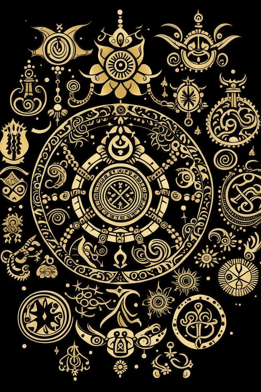the Latin cross, aum letter, crescent and star, yin and yang, torii gate, khanda, star of david, dharma chakra all combined into one design