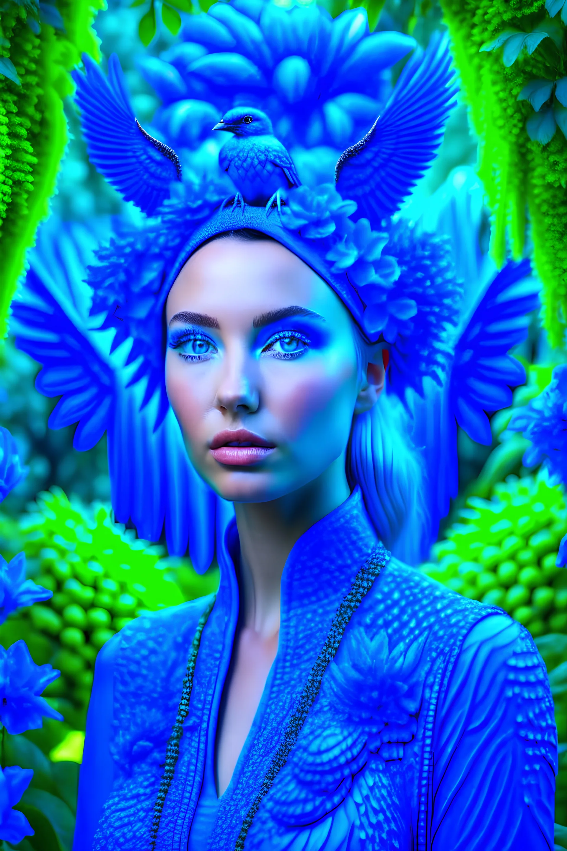 fashion photography portrait of blue human avatar, in blue lush jungle with flowers and birds, 3d render, cgi, symetrical, octane render, 35mm, bokeh, 9:16, (intricate details:1.12), hdr, (intricate details, hyperdetailed:1.15), (natural skin texture, hyperrealism, soft light, sharp:1.2)