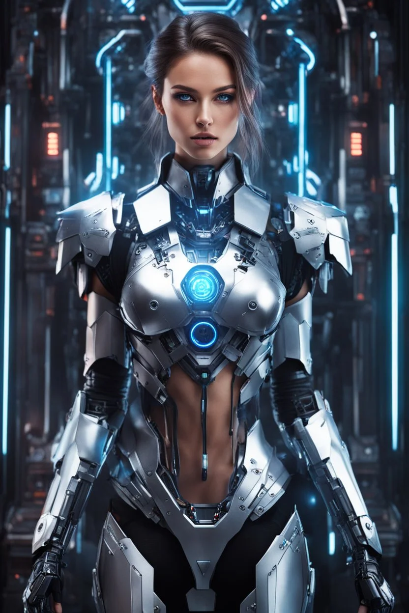 Photography Realistic super model Beautiful European woman as Dj player with body mecha|full armor|organ|mystery|runes|neon|light, imbalances, mutations, anomalies, natural beauty, sound system