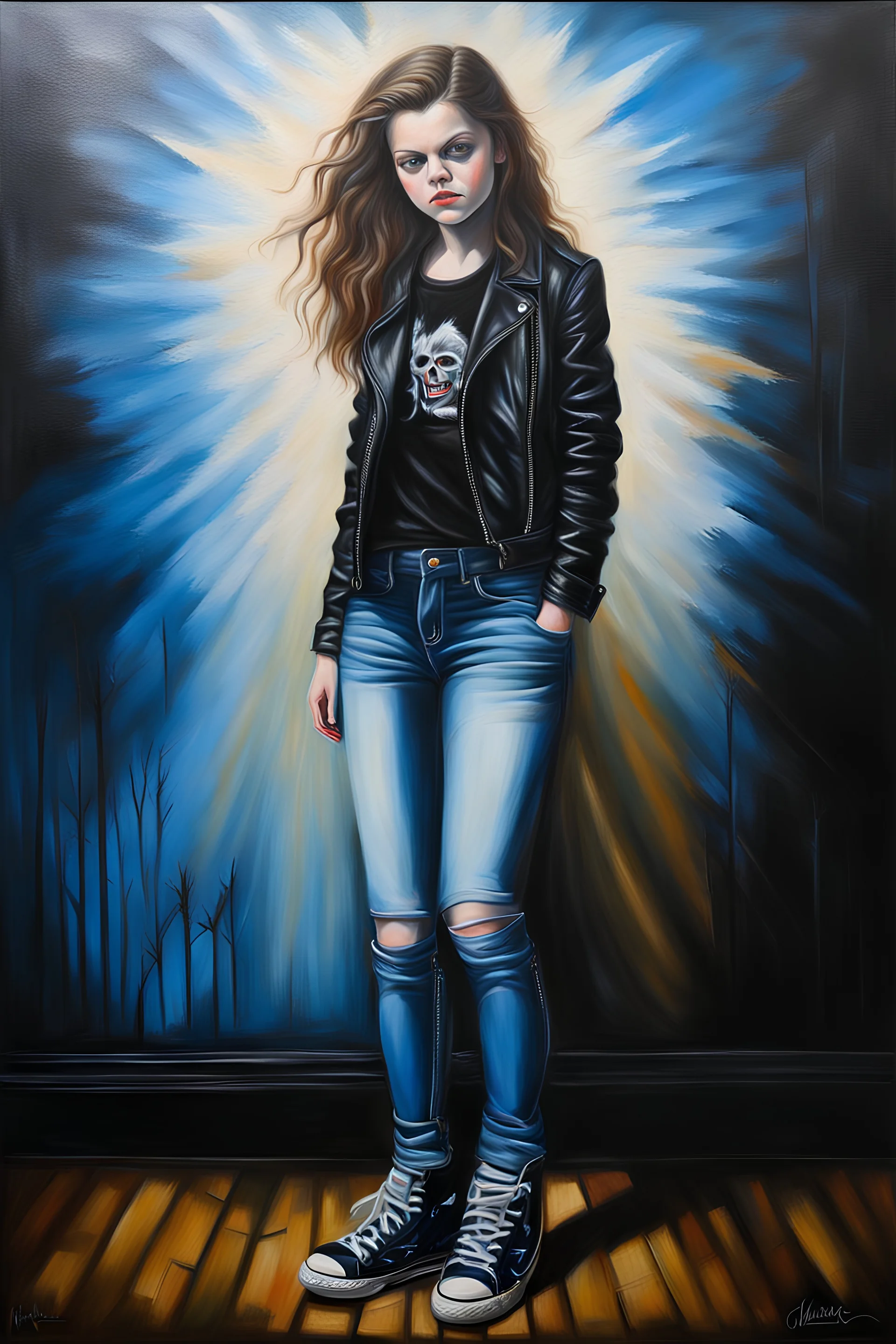 Full body Portrait - oil on canvas, chiaroscuro, deep shadows, fairytale, 20th century masterpiece, rich deep colors, highly detailed portrait, beautiful, extremely gorgeous Georgie Henley wearing a black leather biker's jacket, a black "Iron Maiden" T-shirt, Blue Jeans, black Converse sneakers,