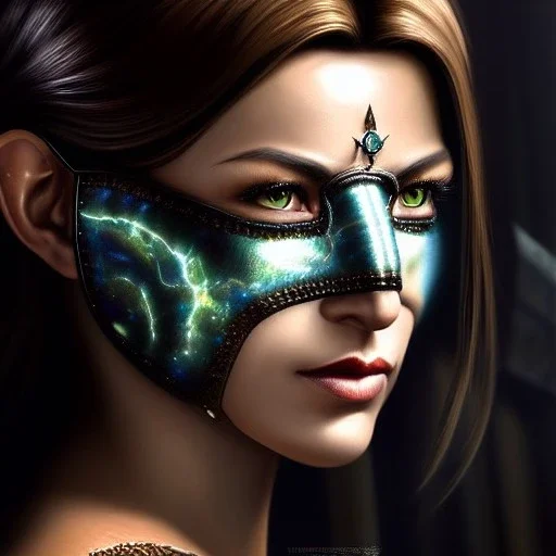 Ultra detailed fullbody Portrait in oil on canvas of Skyrim busty female warrior with mask and armor ,extremely detailed digital painting,ultrarealistic skin,intense stare, extremely detailed face, crystal clear eyes, mystical colors ,perfectly centered image, perfect composition, rim light, beautiful lighting,masterpiece ,8k, stunning scene, raytracing, anatomically correct, in the style of Simon Bisley and Caravaggio and Ohrai Noriyoshi and robert e howard and Steve Jung.