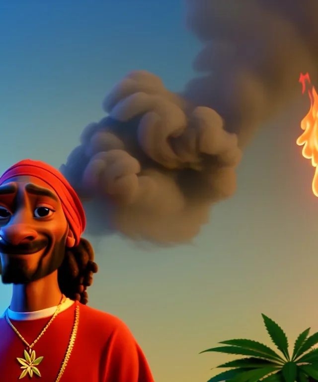 Snoop Dogg, smoking weed, burning dollars, jungle background, hyper realistic