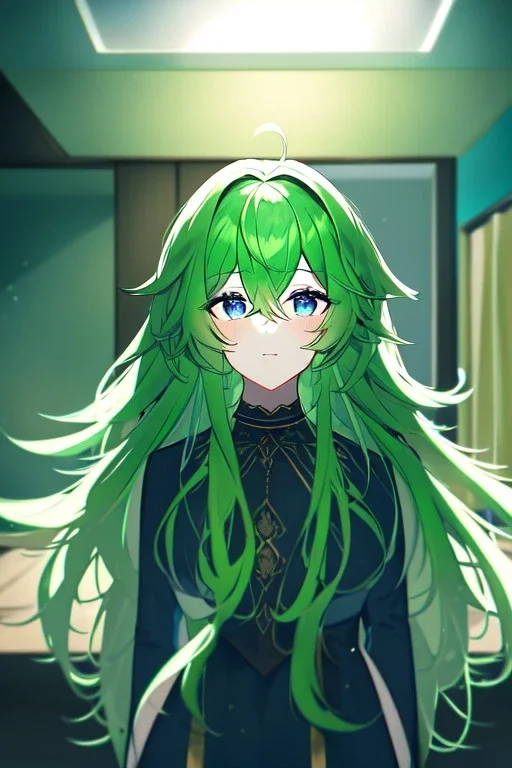 girl, masterpiece, best quality, cinematic lighting, detailed outfit, vibrant colors, perfect eyes, blue eyes, long hair, green hair, messy hair, hair between eyes, indoors, depth of field, ray tracing,