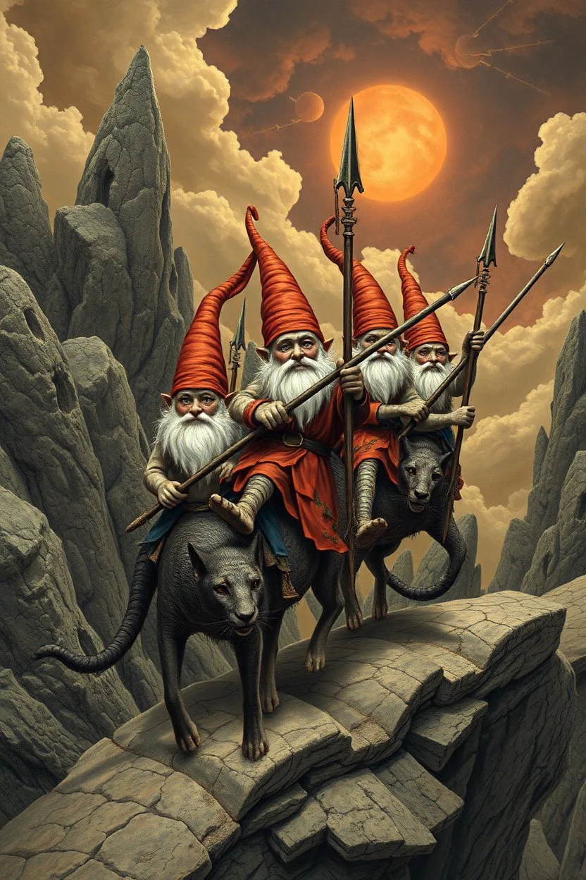 gnomes riding cats with lances in the style of Escher and Giger