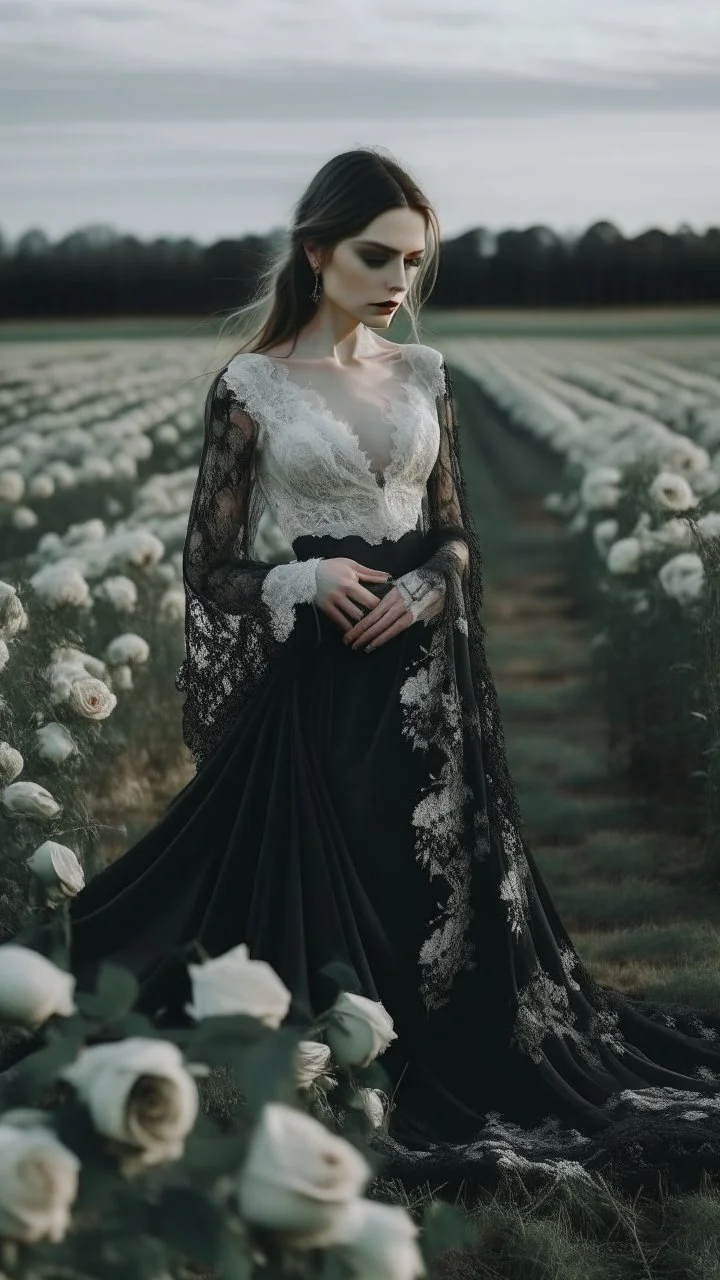 black lace scarf and dirty wedding dress in a field of white roses.cinematic picture