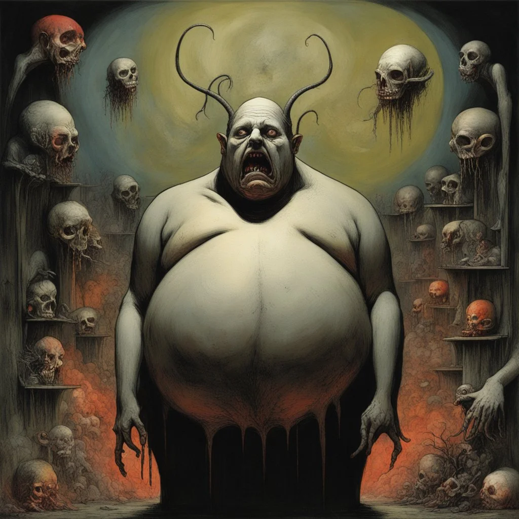 Horror Surreal sinister weird, Style by Keith Thompson and Graham Sutherland and Santiago Caruso and Dave McKean, Dante's third level of hell = GLUTTONY, symbolic art, diagonal composition, massively obese non-human radical bio deformity, masterpiece, strangecore and absurdity, overdose of grotesque, eerie, smooth, neo surrealism, colorful, Expressionism