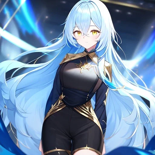 Clear focus, High resolution, Long light blue fluffy hair, hair between eyes, yellow eyes, wearing black fabric shorts, detailed outfit, blue and black outfit, gold accessory