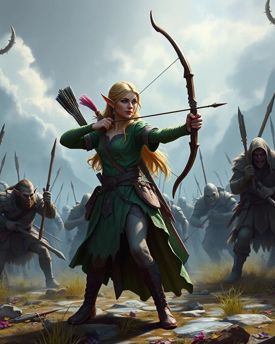 length image,elf princess standing action holding arrow ready to shot sorrounded by orcs zombies troops