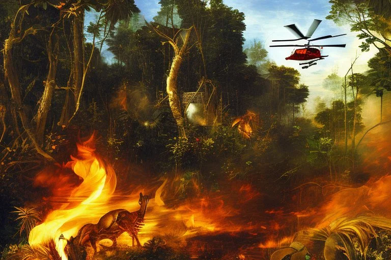 helicopter burning in the jungle the Panter is watching on fire by Caravaggio