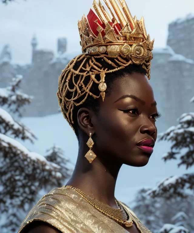 a fancy portrait of a snow african Queen by Greg Rutkowski, Sung Choi, Mitchell Mohrhauser, Maciej Kuciara, Johnson Ting, Maxim Verehin, Peter Konig, 8k photorealistic, cinematic lighting, HD, high details, dramatic, atmosphereric, trending on artstation