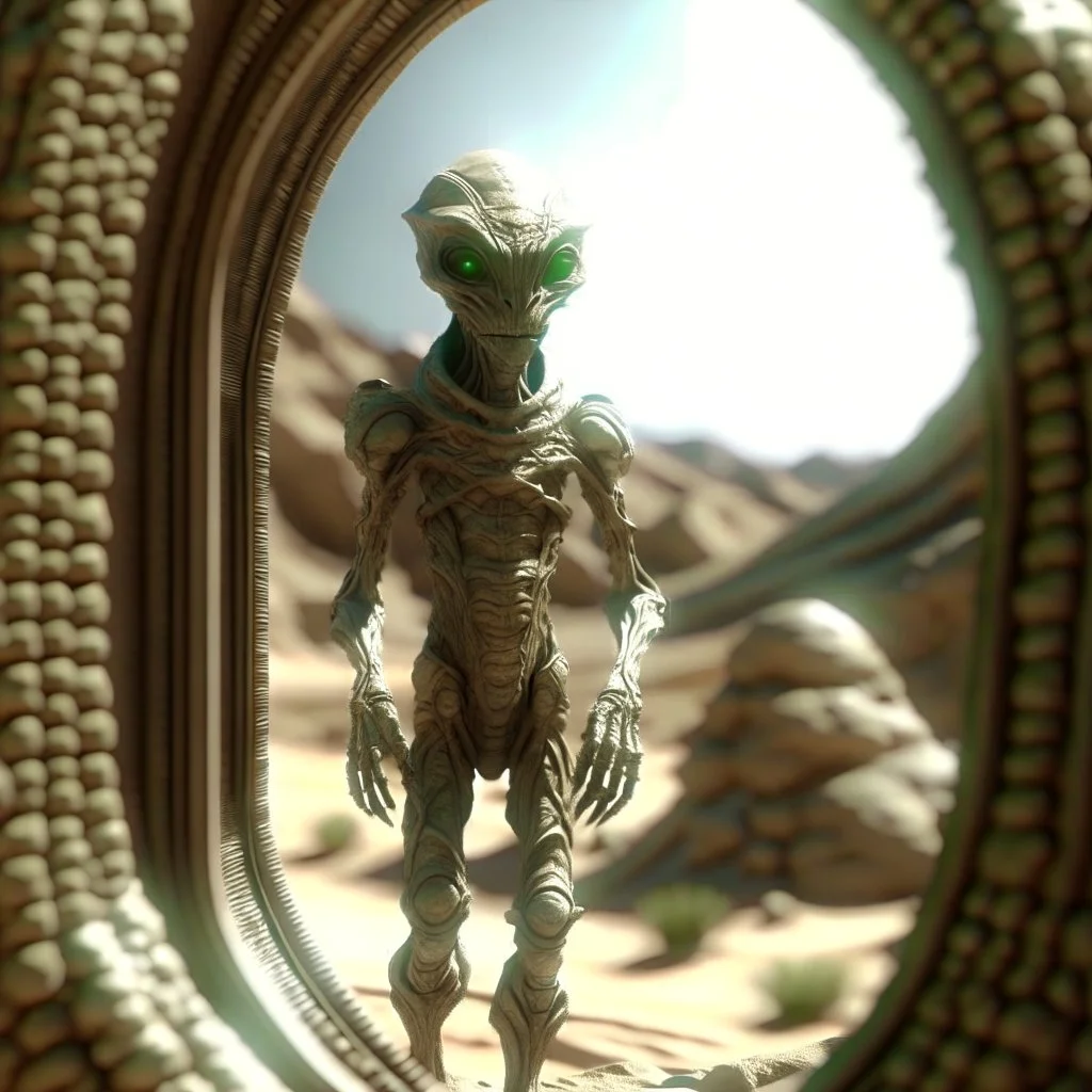 alien elf in portal to the desert, photo-realistic, shot on Hasselblad h6d-400c, zeiss prime lens, bokeh like f/0.8, tilt-shift lens 8k, high detail, smooth render, down-light, unreal engine, downlight