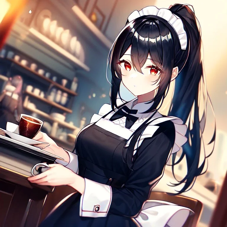 girl, masterpiece, best quality, cinematic lighting, detailed outfit, perfect eyes, black hair, red eyes, long hair, ponytail, in modern world, cafe setting, maid inspired outfit, vibrant colors, warm lighting, soft focus, watercolor textures,