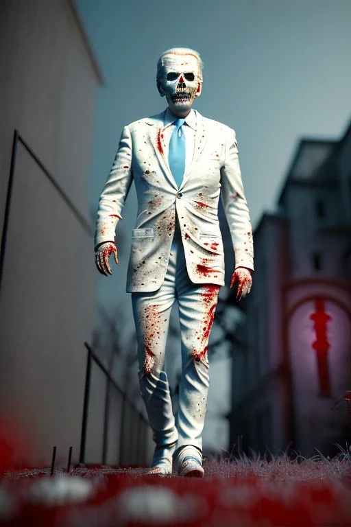 Ultra realistic image, joe biden zombie, zombie performance, suit, skull, blood, torn arm, night, walking twisted, waist up view, thriller style, dark ambient, highly detailed, White House background, concept art, unreal engine 5, god rays, ray tracing, RTX, focal lighting, ultra detail, volumetric lighting, 3d, finely drawn, high definition, high resolution.