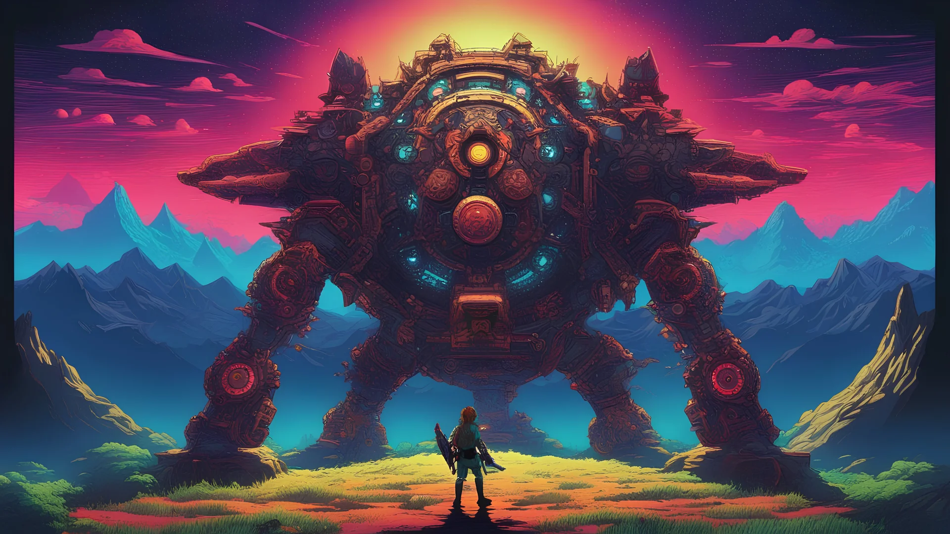Zelda breath of the wild's mechanical guardian, comic style, mythical 80s landscape, negative space, space quixotic dreams, temporal hallucination, psychedelic, mystical, intricate details, very bright neon colors and deepblack, 4K desktop, pointillism, very high contrast, chiaroscuro