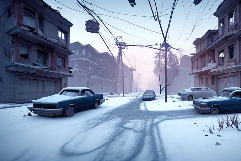 Michigan, streets of detroit, slums, snow, winter , run down, residental homes , destroyed buildings, unity, scriptable render pipeline , blue tone, volumetric lighting.