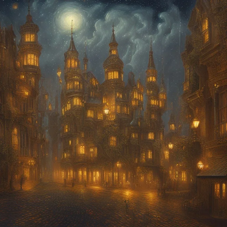 gothic painting of a victorian city in a fantasy starry night