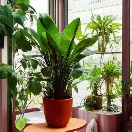  mahogany table lush house plants in pot looking out of a window to a crowded city with many textbooks on the table japan