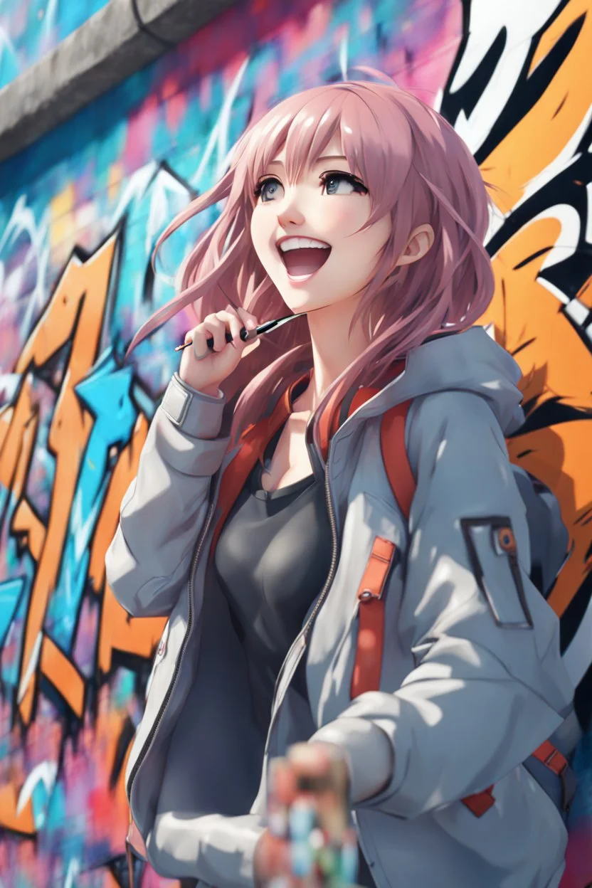 8k quality realistic image of a beautiful anime girl, laughing while doing graffiti on wall, up close, 3d