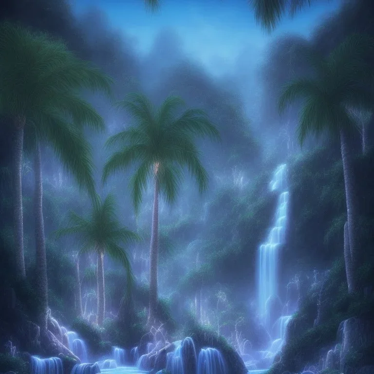 turquoise neon waterfall with palm trees sparkling at night in a cave detailed realistic glowing