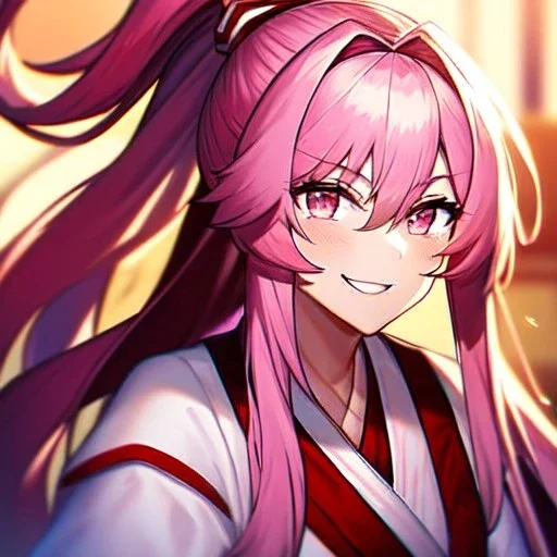 Clear focus, 8k, beautiful lighting, vibrant colors, girl, pink long hair, vibrant pink eyes, miko, ponytail, hair in between the eyes, up close, laughing, angry, messy hair,