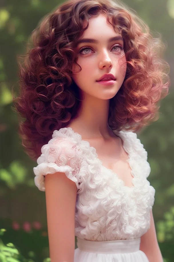 April, Summer Fashion, full body,smooth soft skin, curly hair, detailed eyes, detailed face, looking into camera, intricate, summer outfit, pink, back lighting, realistic concept art, digital painting, rich 3d render, hyper-realistic painting, cinema 4D render, art by WLOP, by Agnes Cecile, Michael Whelan