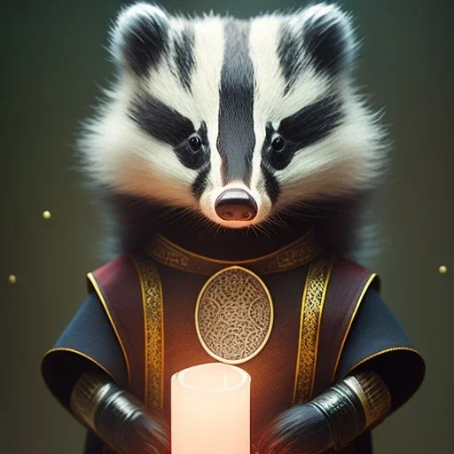 a cute litte badger wearing Hanfu, holding a large candle, BK complex detail, cinema, reality, detail, octane rendering, stoic cinematic 4k epic detailed photograph shot on kodak detailed bokeh cinematic hbo dark moody 8k, 85mm f/16 by leica