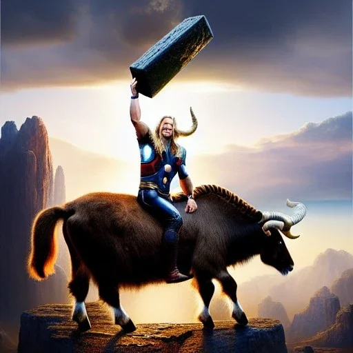 Ultra detailed fullbody Portrait in oil on canvas of Thor with asgardian armor riding a Giant Goat,extremely detailed digital painting, extremely detailed face,crystal clear eyes, mystical colors ,perfectly centered image, perfect composition, rim light, beautiful lighting,masterpiece,8k, stunning scene, raytracing, anatomically correct, in the style of robert e howard and Wizyakuza and Ohrai Noriyoshi and Simon Bisley and uncannyknack