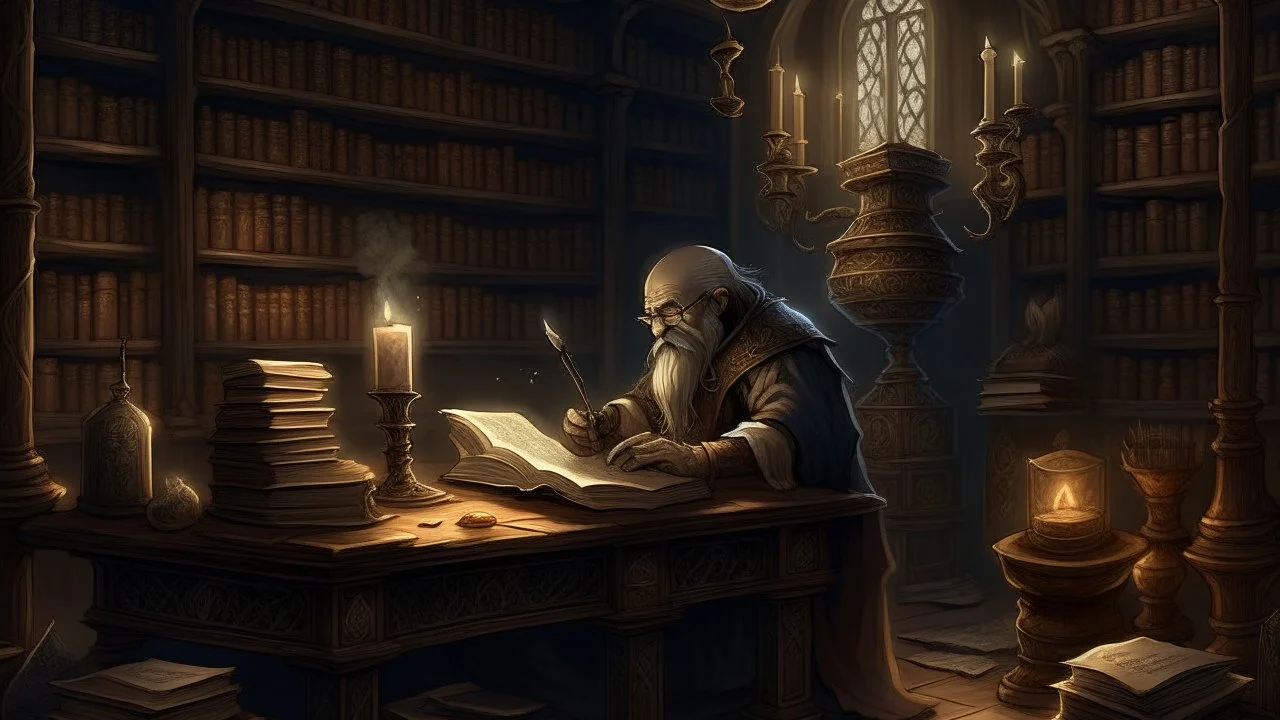 A scribe, replicating an ancient charm from one spell book into another. Perhaps an enchanted creature is looking on. The library is dark, with an ornate and expensive candlestick lighting the room. He is surrounded by books - both on high shelves and piled on the desk around them, some of the books laying opened on the table.