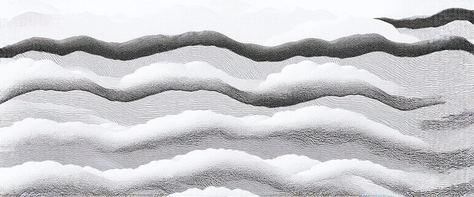 a series evenly spaced curved horizontal lines with paths inspired by clouds, cloud topography, black lines on white, vector lines