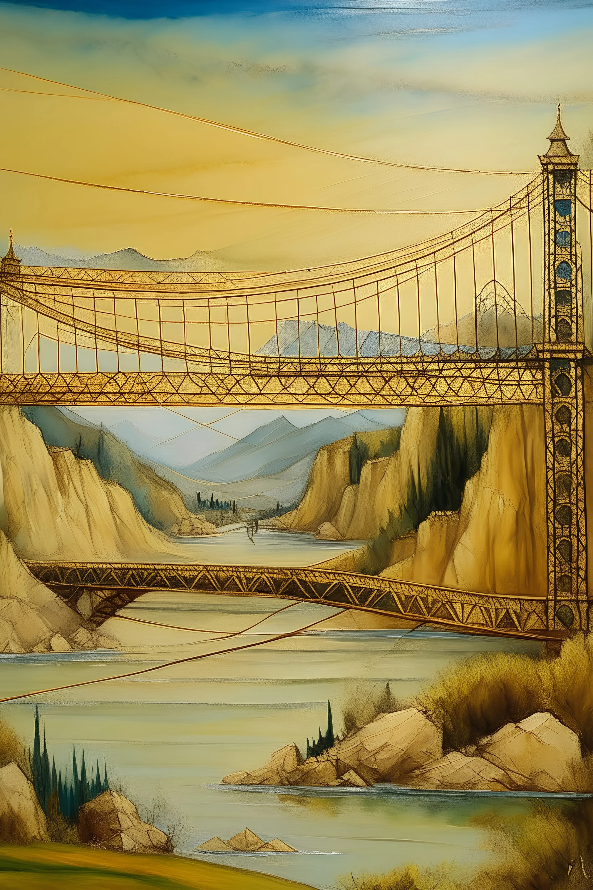Crea un cuadro inspirado en el puente colgante de la provincia de santa fe al estilo del pintor Leonardo da Vinci