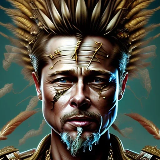 Brad pitt, male, rusty metal, feathers, Dryad, fae, sidhe, ominous, nature, plants, wildflower, facepaint, dnd character portrait, intricate, oil on canvas, masterpiece, expert, insanely detailed, 4k resolution, retroanime style, cute big circular reflective eyes, cinematic smooth, intricate detail , soft smooth lighting, soft pastel colors, painted Renaissance style