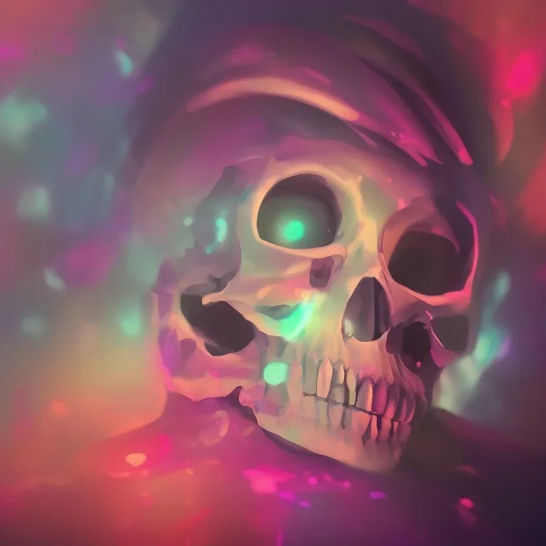 photographic camera mixed with skull in abstract style. fog and smoke in atmosphere. bokeh, lens flare. Dark mood. Dripping paint. oil on canvas, high detailed.